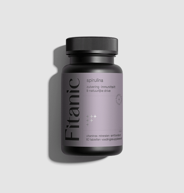 Fitanic spirulina supplement bottle with purple label, 60 tablets, vitamins and antioxidants