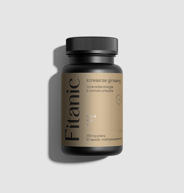 Fitanic Korean ginseng supplement bottle with 2100 mg, 30 capsules, on a light background