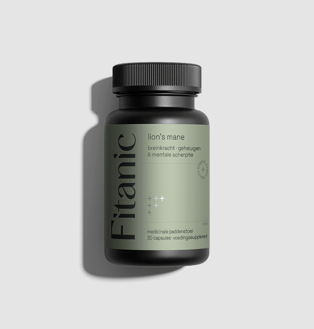 Fitanic Lion's Mane supplement bottle with green label, 30 capsules, medicinal mushroom