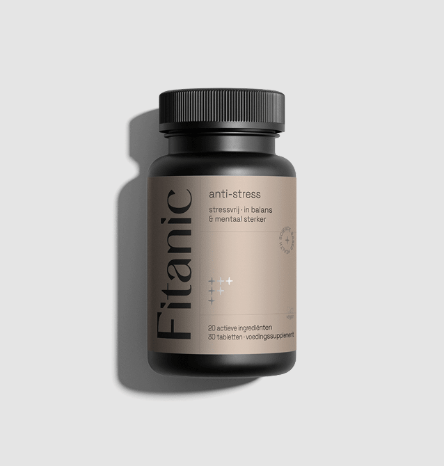 Black bottle of Fitamic anti-stress supplement tablets with beige label on white background