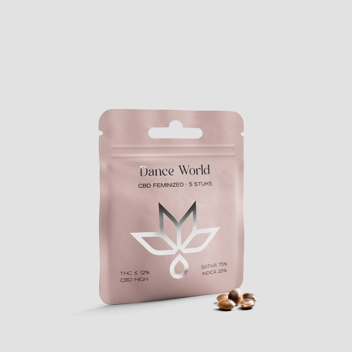 Pink Dance World CBD feminized seeds pack with hemp seeds on a light background