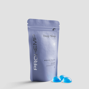 ProHEMP Deep Sleep CBD and melatonin gummies in resealable pouch with three blue gummy supplements on white background.