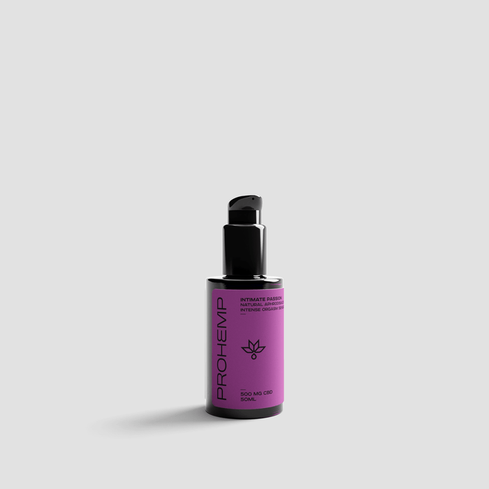 Purple bottle of CBD intimate gel with pump dispenser on light background