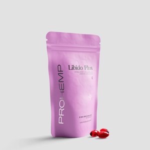 Pink Libido Plus female supplement pouch with red capsules on a light background