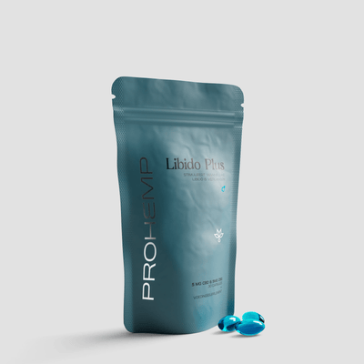 Blue Libido Plus supplement pouch with CBD capsules for men, isolated on white background.