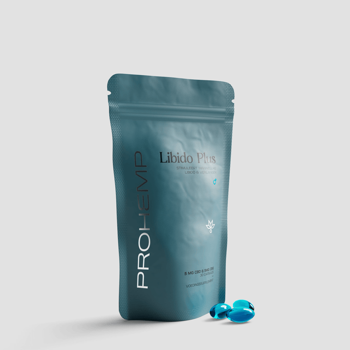 Blue Libido Plus supplement pouch with CBD capsules for men, isolated on white background.