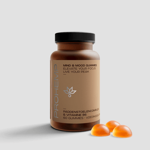 Brown bottle of Mind & Mood Gummies with mushroom complex and vitamin B6, plus three gummies.
