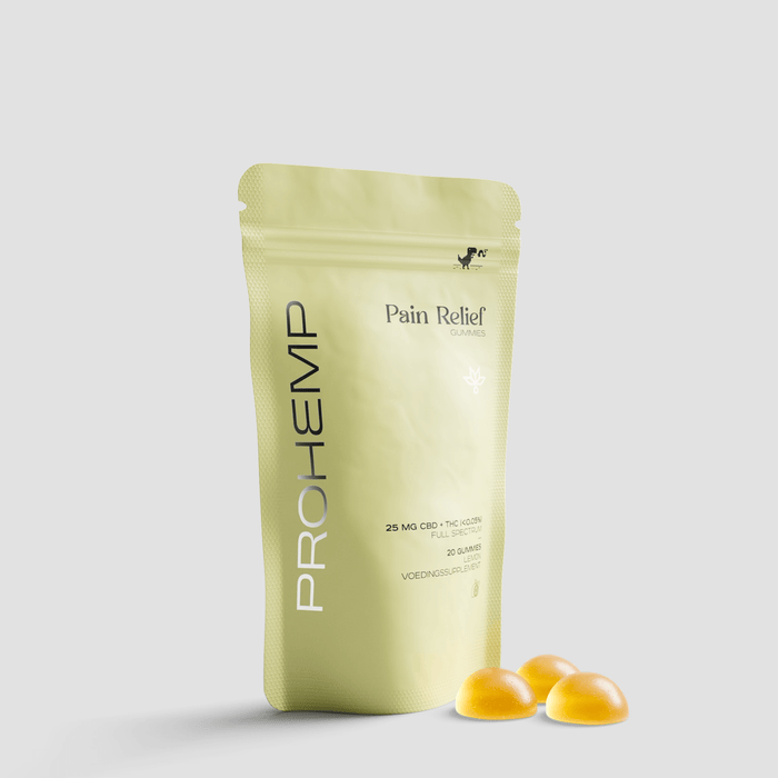 Pain Relief Gummies pouch with three yellow gummies, labeled 25mg CBD, THC free, full spectrum