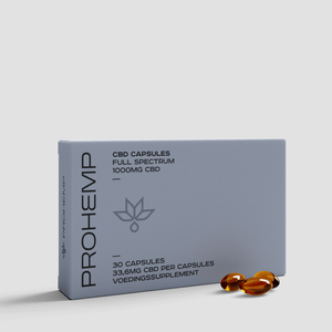 ProHemp CBD capsules box with 30 full spectrum 33.6mg capsules, supplement softgels