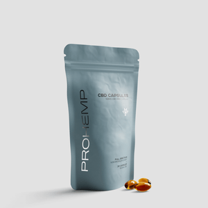 CBD capsules full spectrum 50mg in resealable pouch with capsules displayed in front