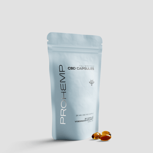 Full spectrum CBD capsules pouch with three softgel capsules on white background