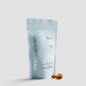 CBD capsules pouch labeled Relax with softgel capsules on a white background