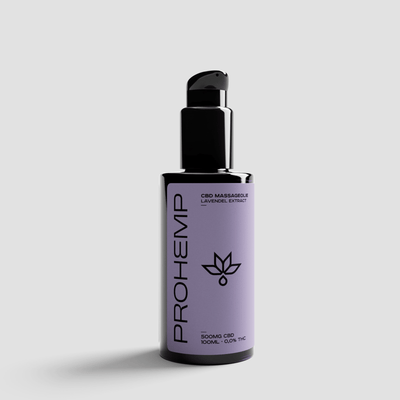 CBD massage oil bottle with lavender extract, 500mg CBD, purple label, black pump
