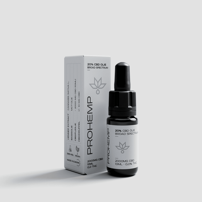 10ml bottle of broad spectrum 20% CBD oil with dropper and product box, 2000mg, 0.0% THC