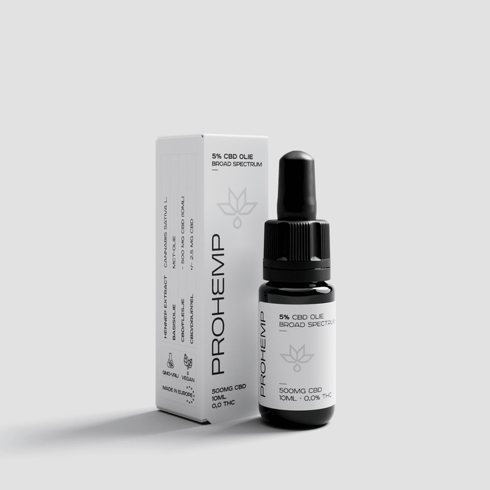 5% broad spectrum CBD oil 10ml dropper bottle and box, 500mg CBD, 0.0% THC, vegan