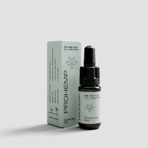10ml bottle of full spectrum 10% CBD oil with dropper and product box