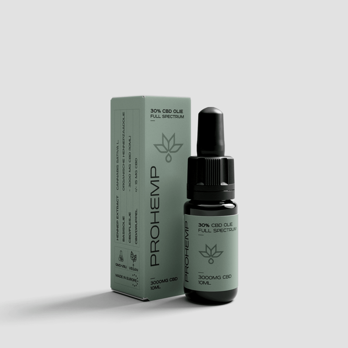 30% full spectrum CBD oil dropper bottle and box, 10ml, 3000mg, vegan, green packaging