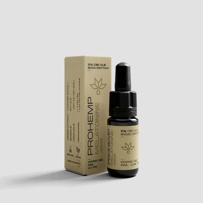 CBD oil bottle with melatonin 10ml 10% broad spectrum, and matching product box