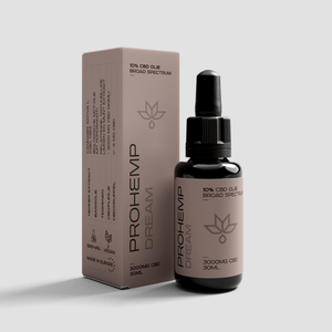 30ml bottle of broad spectrum 10% CBD oil with dropper and packaging labeled ProHemp Dream.
