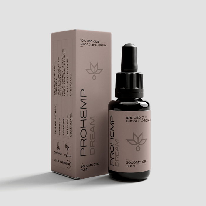 30ml bottle of broad spectrum 10% CBD oil with dropper and packaging labeled ProHemp Dream.