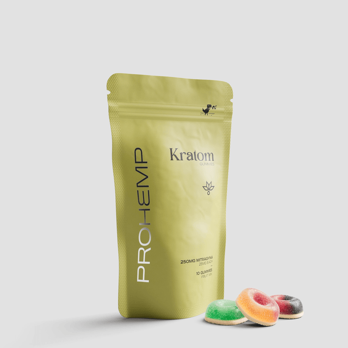 ProHemp Kratom gummies pouch with colorful fruit-flavored gummies on a white background.