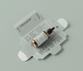 CBD oil dropper bottle on open packaging, clean minimalist design on light background
